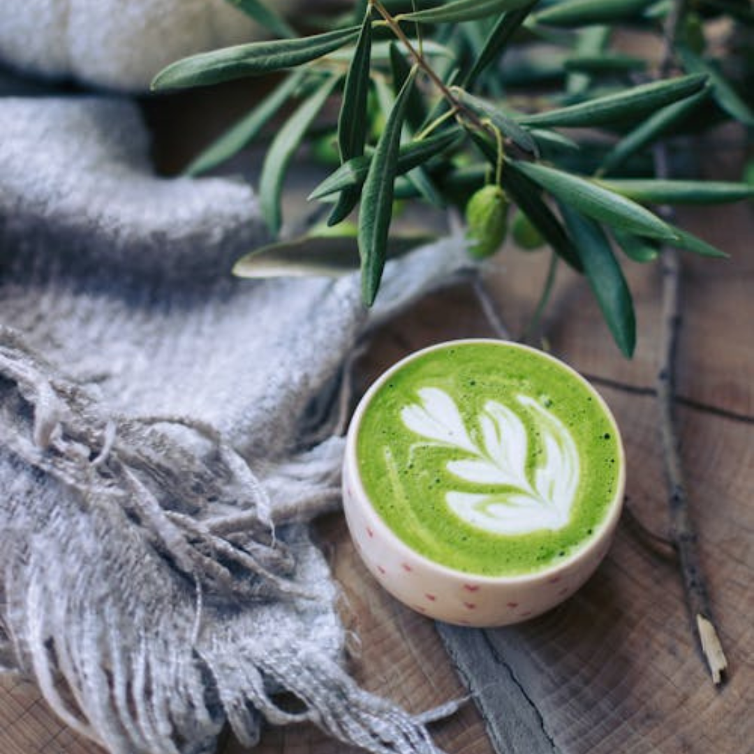plaid,thé matcha et branche d'olivier