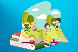 dessin d'enfants lisant sur une pile de livres géants